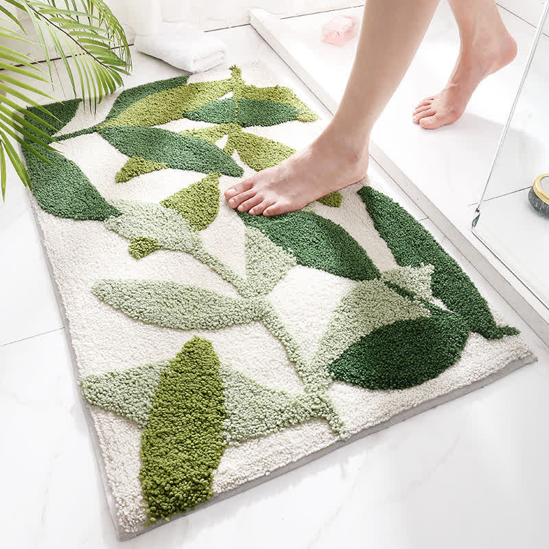 Green Leaf Print Non-Slip Bath Rug for Bathroom & Entryway | Soft Absorbent Floor Mat | Polyester Home Rug