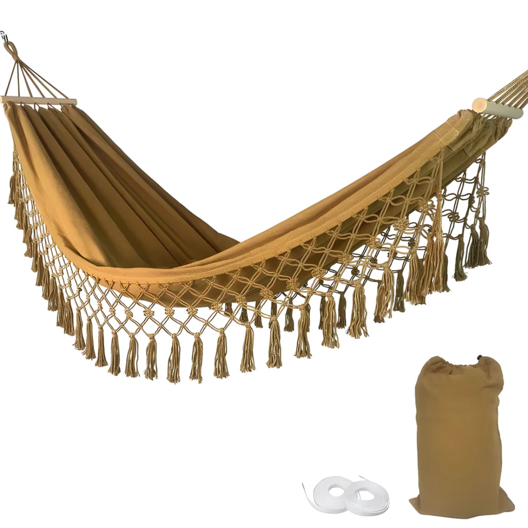 Boho Cotton Hammock with Wooden Spreader Bars for Garden & Balcony | Stable Design | 200 kg Capacity | Indoor Outdoor Relaxation