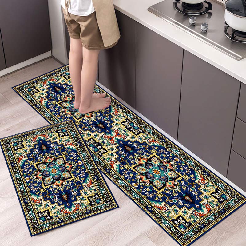 Retro Pattern Kitchen Rug Set (2pcs) | Bohemian Anti-Slip Polyester Floor Mats for Kitchen & Entryway | Decorative Area Rugs 40x60 + 40x120cm