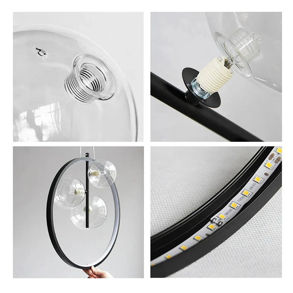 Nordic Bubble Glass Pendant Lamp with Ring Modern Hanging Light | Metal Acrylic Design | G9 LED Strip Compatible | Warm White Indoor Lighting