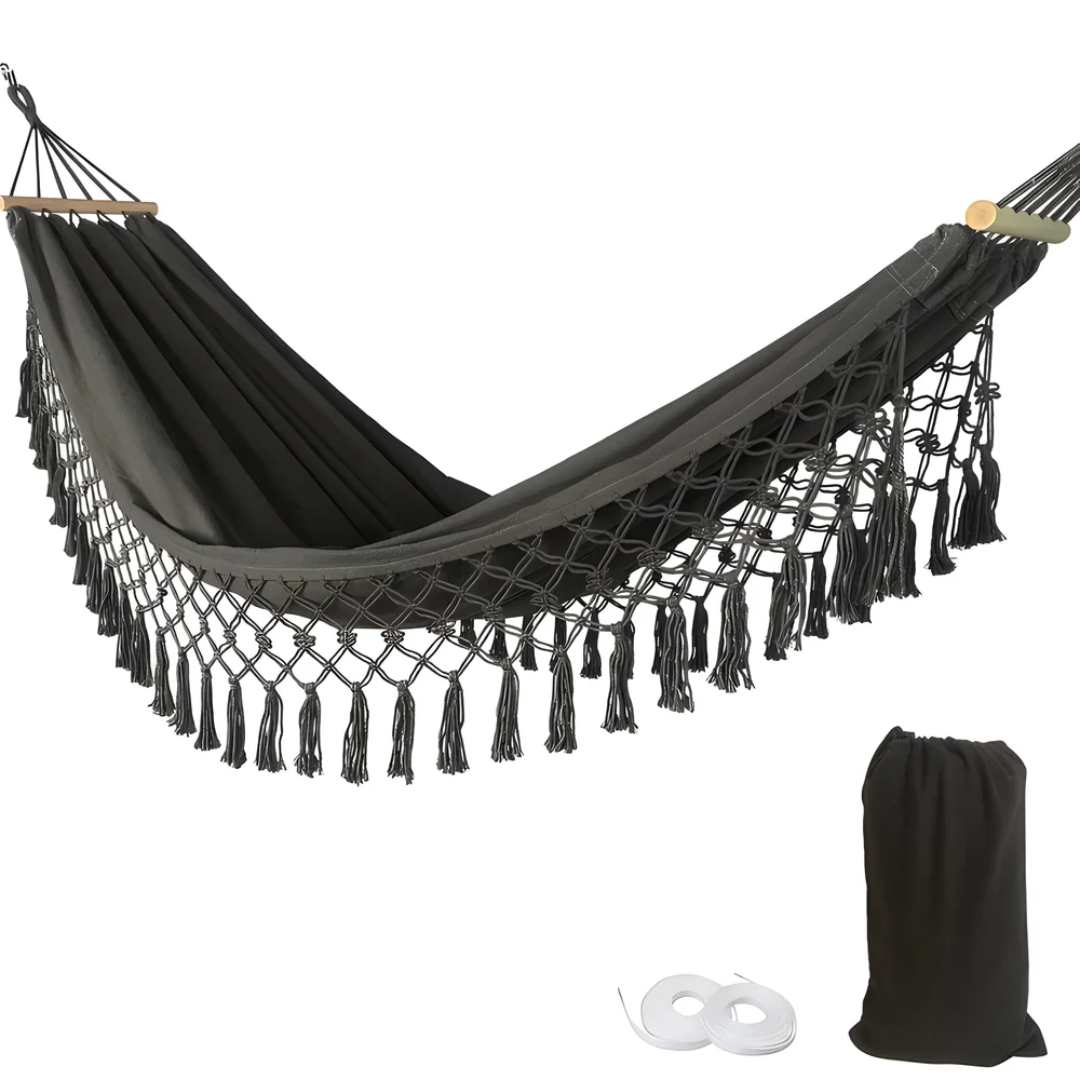 Boho Cotton Hammock with Wooden Spreader Bars for Garden & Balcony | Stable Design | 200 kg Capacity | Indoor Outdoor Relaxation