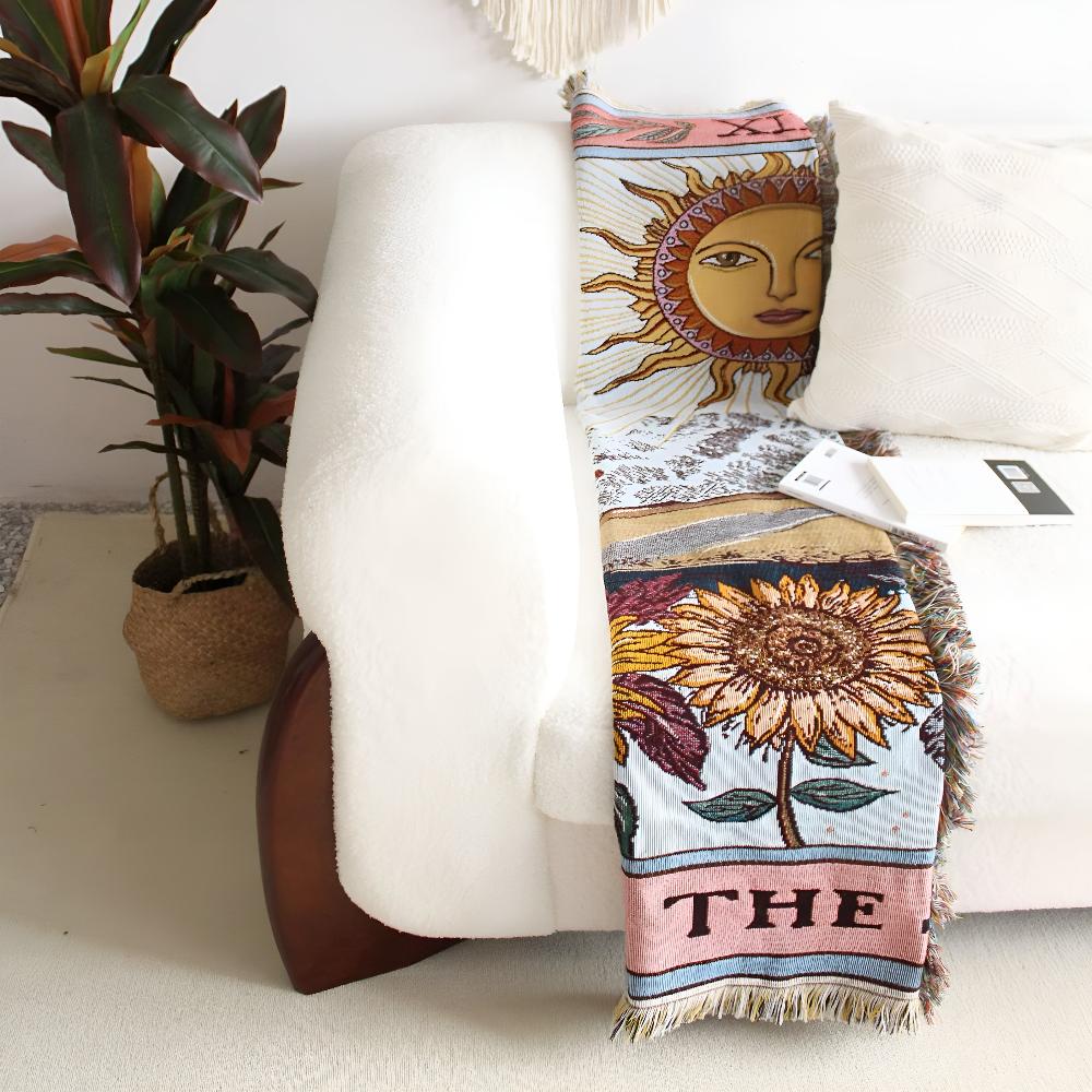 Boho Wall Tapestry Sun Tarot 130x160 cm | Jacquard Microfiber Throw | Spiritual Wall Hanging Blanket | Living Room Bedroom Decor