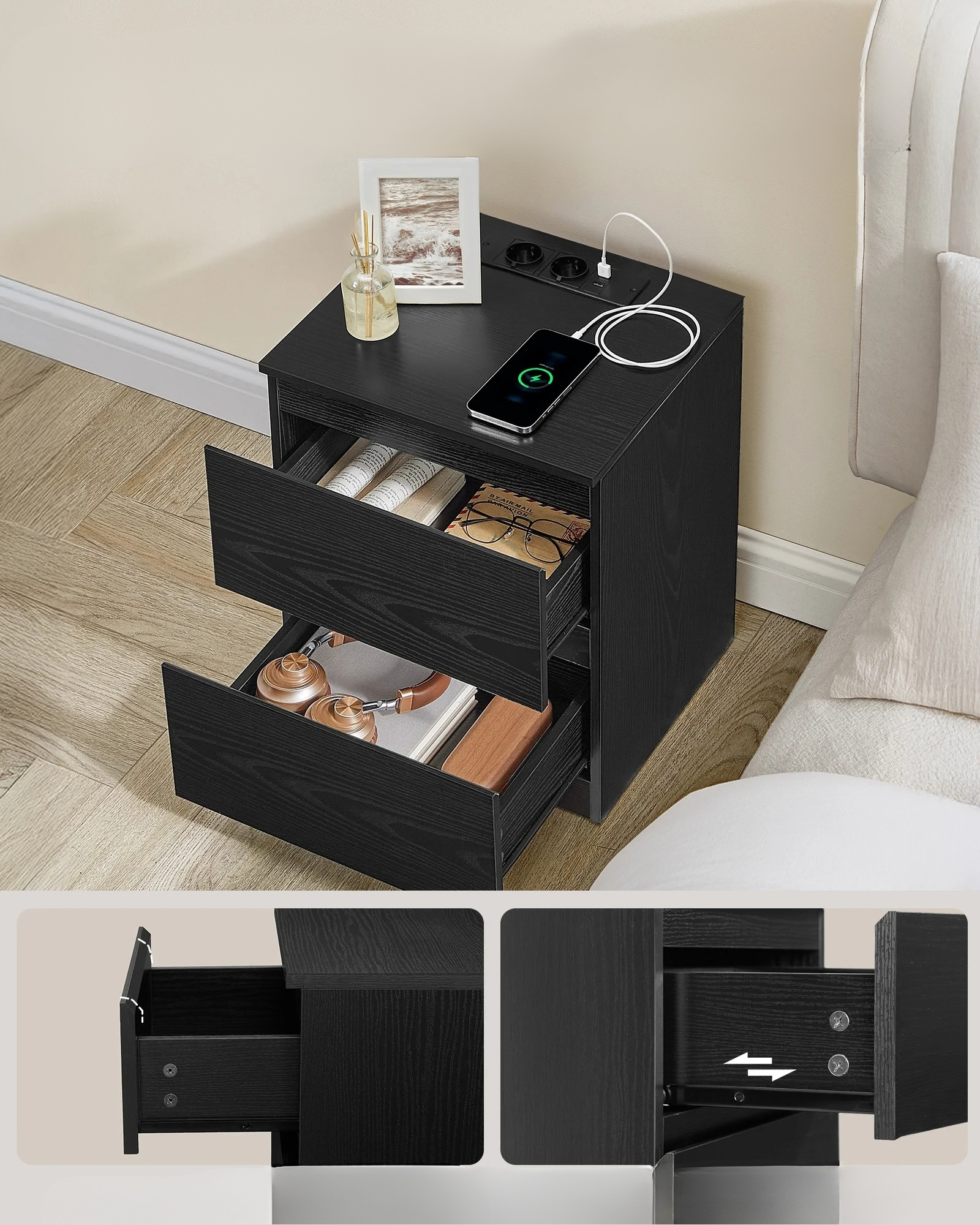 Sereva Nightstand Set of 2 with Outlets & USB Ports | Modern Bedside Tables with Charging Station | 2 Drawer Storage Cabinets
