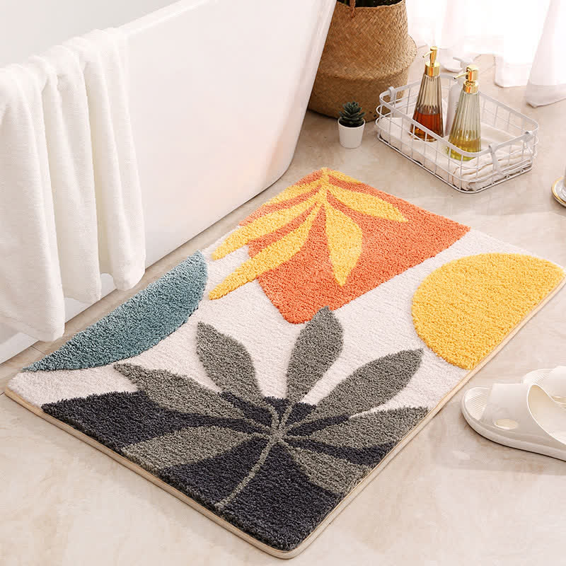 Rural Leaf & Geometric Non-Slip Bath Mat | Ultra Soft Microfiber Absorbent Bathroom Rug | Polyester Floor Mat 40x60 / 50x80cm
