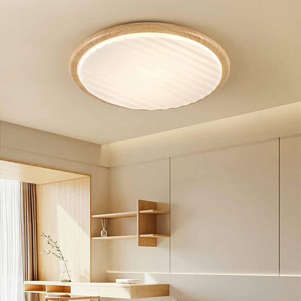 Round Wood Pleated LED Ceiling Lamp for Bedroom | Natural Textured Design | 3 Color Temperature Lighting | Slim Flush Mount 30–50cm