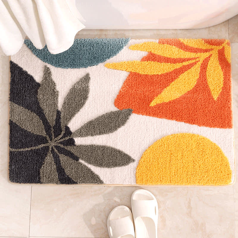 Rural Leaf & Geometric Non-Slip Bath Mat | Ultra Soft Microfiber Absorbent Bathroom Rug | Polyester Floor Mat 40x60 / 50x80cm