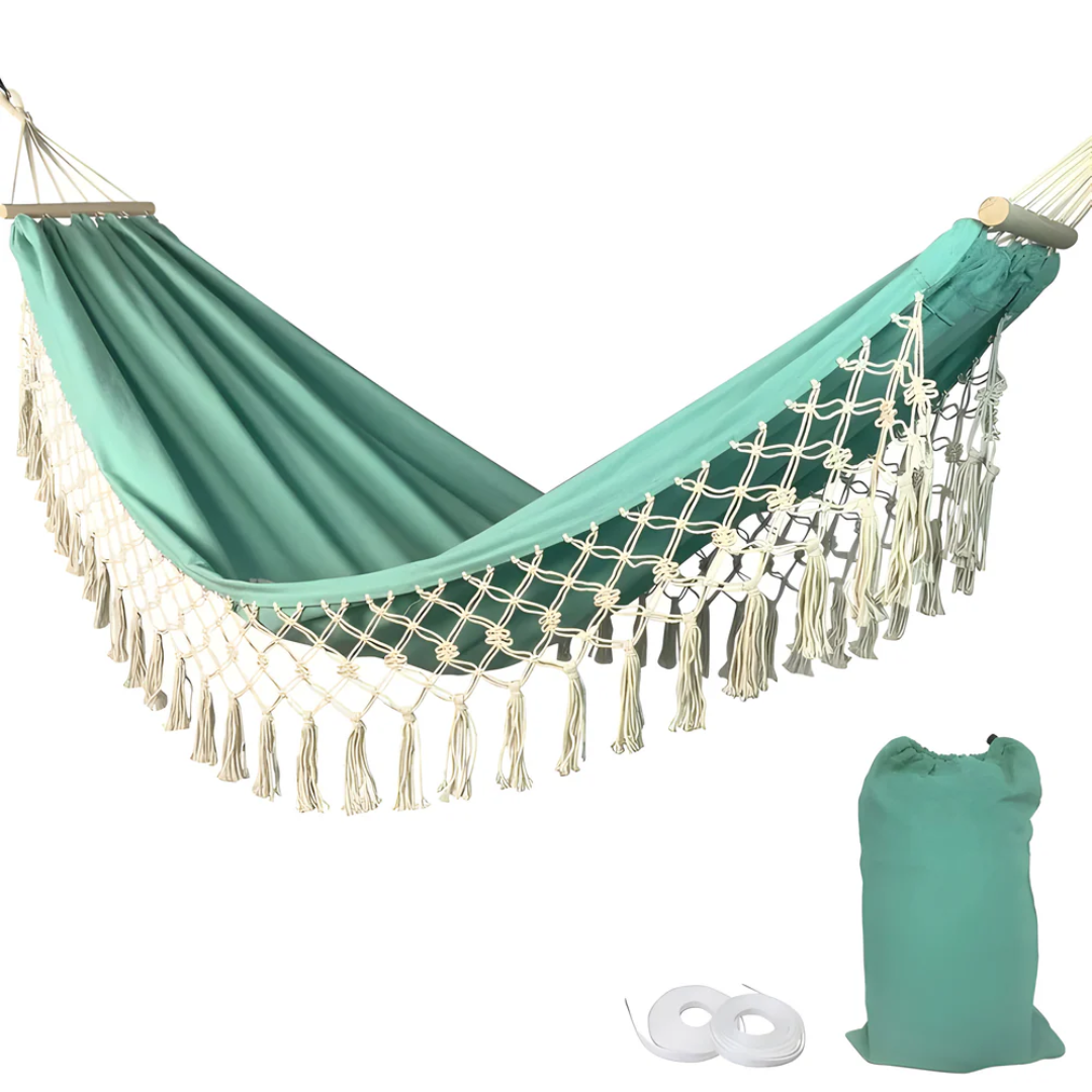 Boho Cotton Hammock with Wooden Spreader Bars for Garden & Balcony | Stable Design | 200 kg Capacity | Indoor Outdoor Relaxation