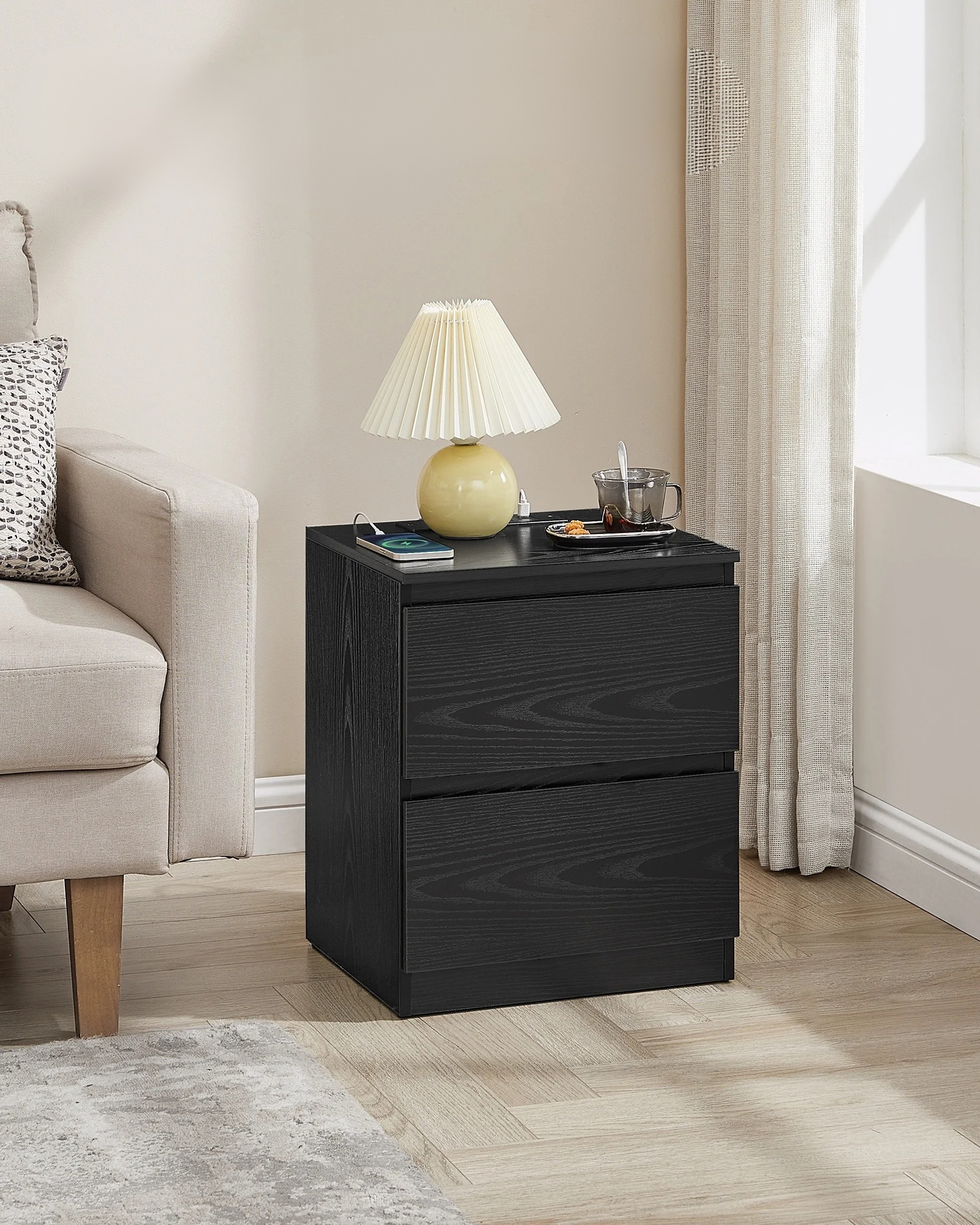 Sereva Nightstand Set of 2 with Outlets & USB Ports | Modern Bedside Tables with Charging Station | 2 Drawer Storage Cabinets