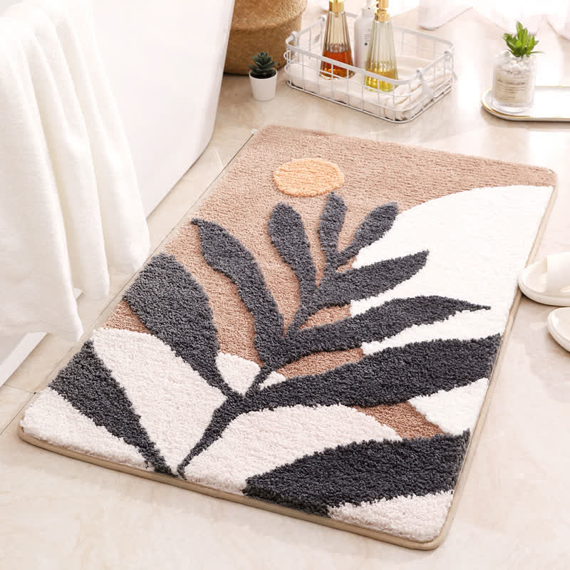 Rural Leaf & Geometric Non-Slip Bath Mat | Ultra Soft Microfiber Absorbent Bathroom Rug | Polyester Floor Mat 40x60 / 50x80cm
