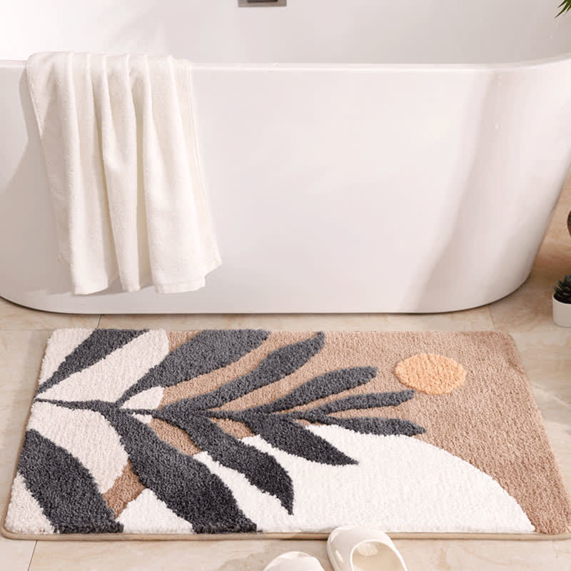 Rural Leaf & Geometric Non-Slip Bath Mat | Ultra Soft Microfiber Absorbent Bathroom Rug | Polyester Floor Mat 40x60 / 50x80cm