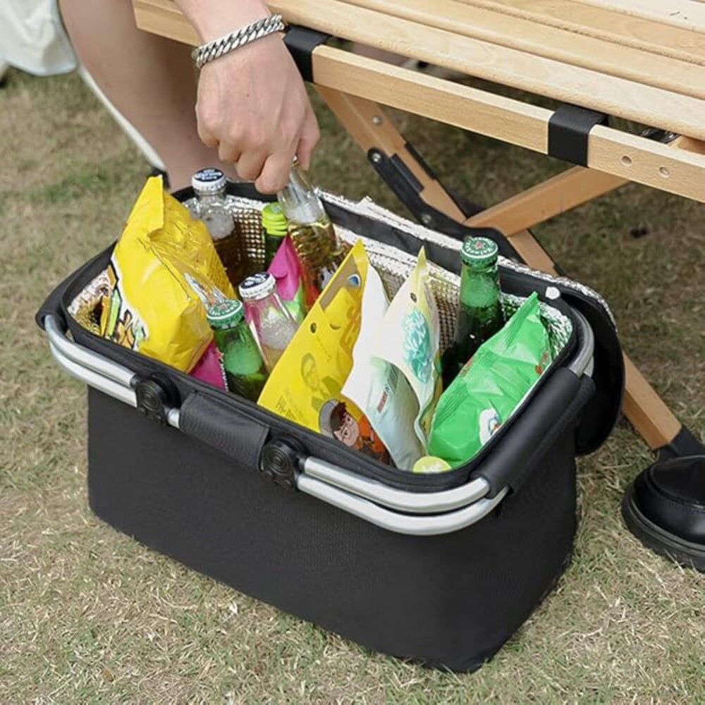Collapsible Picnic Basket 18L Insulated | Leak-Proof Waterproof Oxford Fabric | Aluminum Frame | Foldable for Travel Shopping