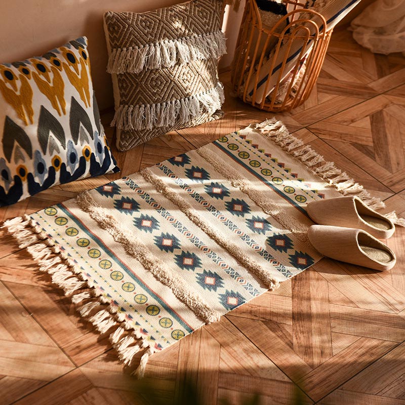 Bohemian Cotton Linen Tassel Entryway Rug | Woven Absorbent Door Mat 60x90cm | Decorative Anti-Slip Floor Rug for Home & Porch