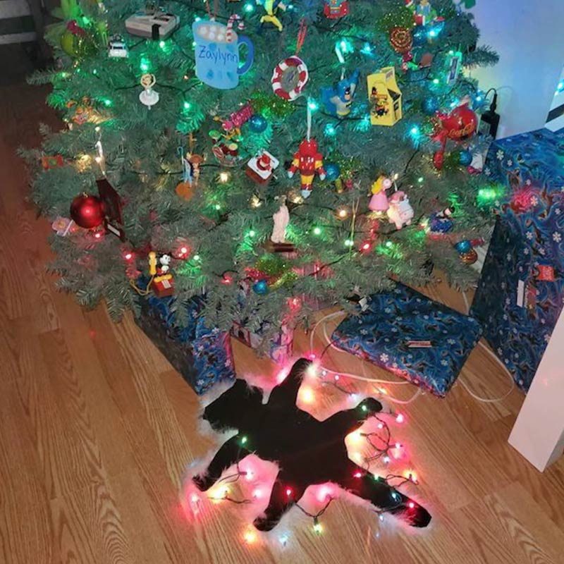 Holiday Cat Decorative Fur Trimmed Rug | Christmas Movie-Inspired Novelty Floor Decor with Optional Lights | Handmade Felt & Faux Fur Accent Rug