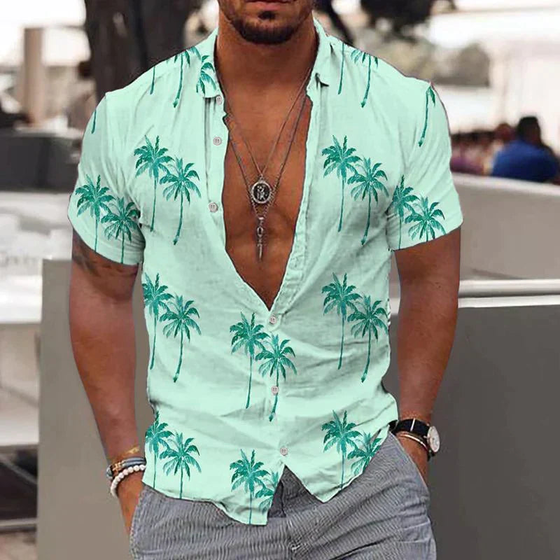 Short-Sleeve Shirt with Palm Pattern and Button Closure for Men | Ideal for Summer