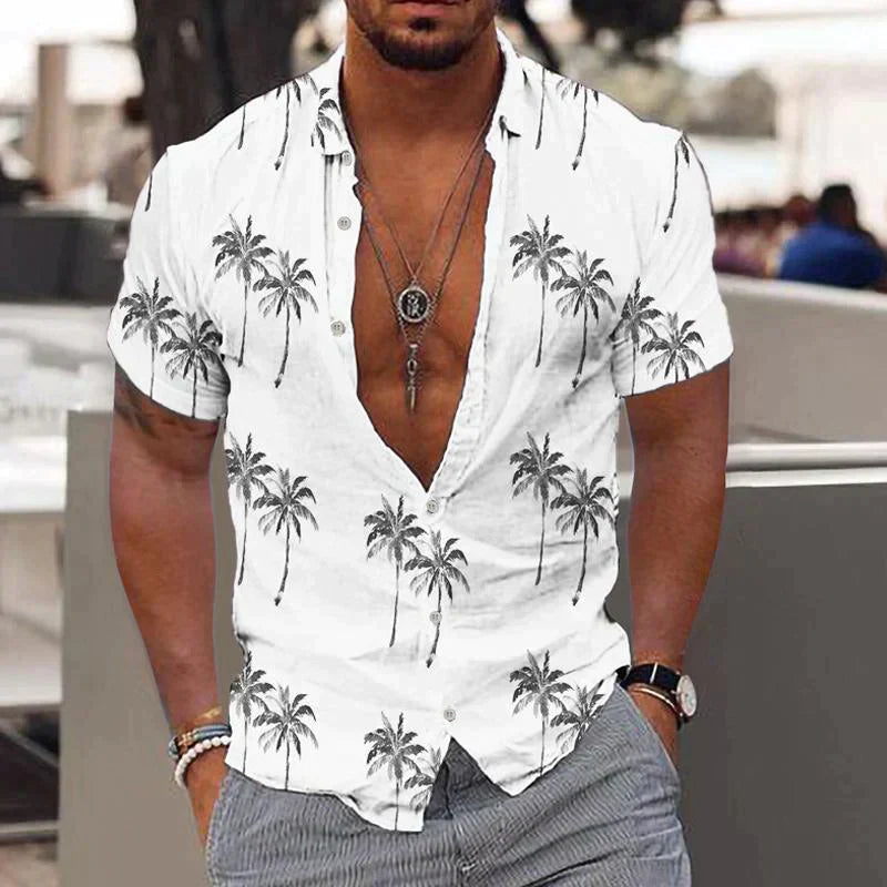 Short-Sleeve Shirt with Palm Pattern and Button Closure for Men | Ideal for Summer