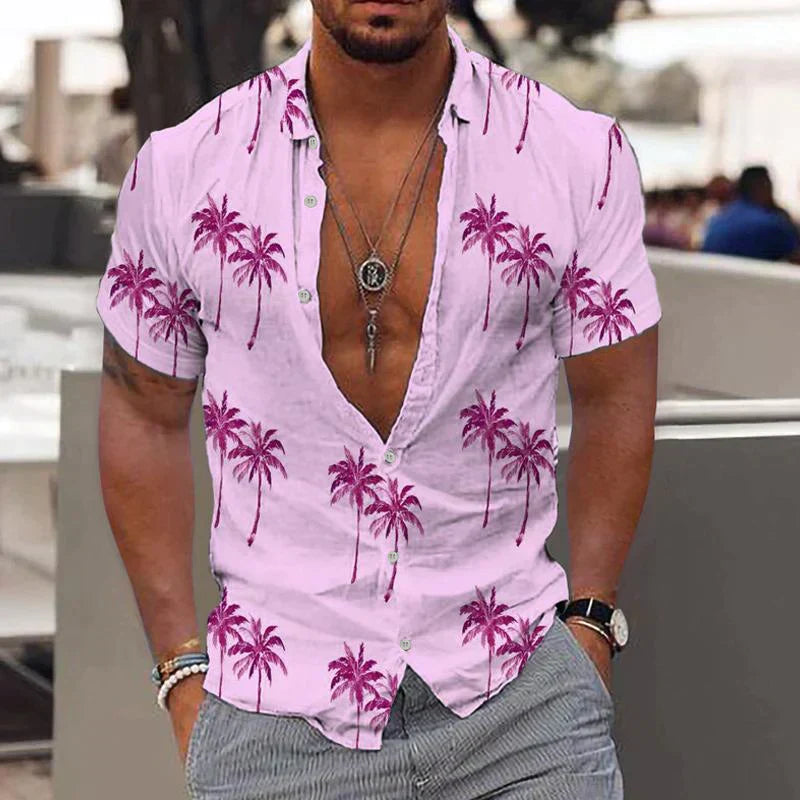 Short-Sleeve Shirt with Palm Pattern and Button Closure for Men | Ideal for Summer