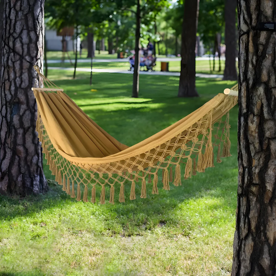 Boho Cotton Hammock with Wooden Spreader Bars for Garden & Balcony | Stable Design | 200 kg Capacity | Indoor Outdoor Relaxation