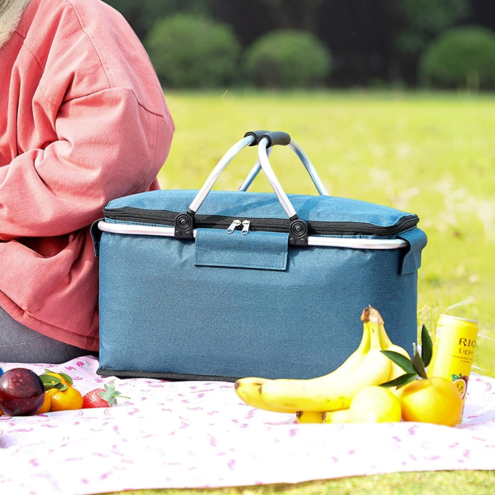Collapsible Picnic Basket 18L Insulated | Leak-Proof Waterproof Oxford Fabric | Aluminum Frame | Foldable for Travel Shopping