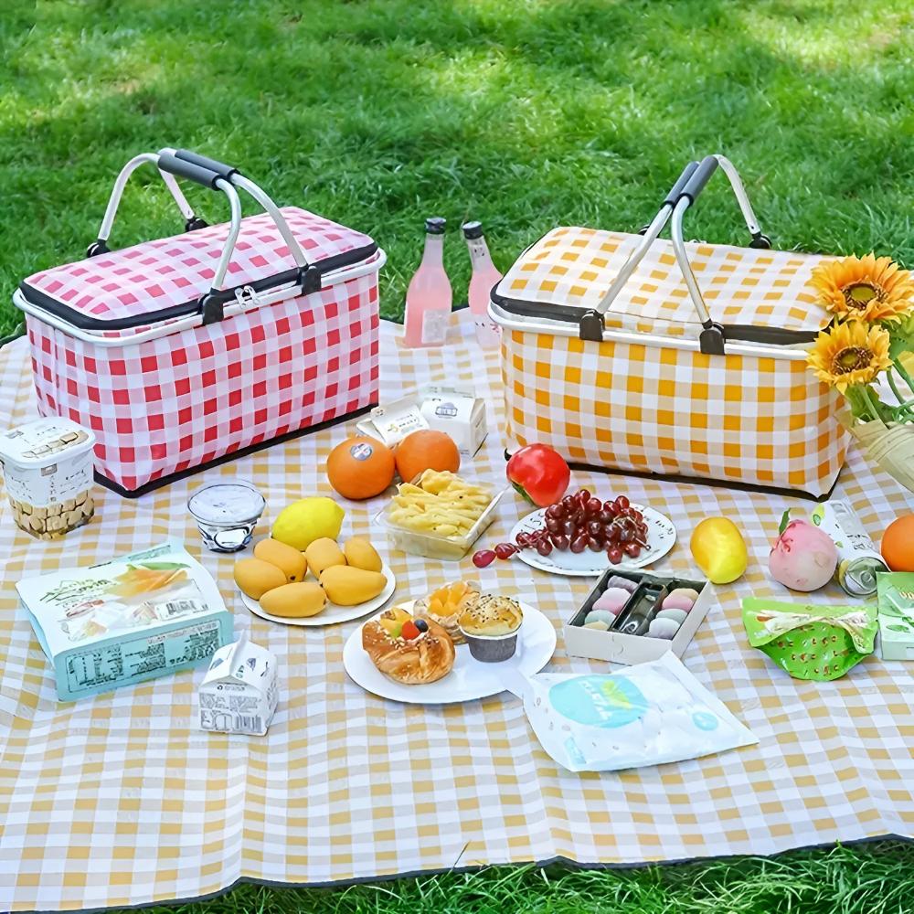 Checked Picnic Basket 22L Insulated | Foldable Oxford Fabric | Aluminum Frame 25kg Load | Zipper Closure for Picnic Beach Camping