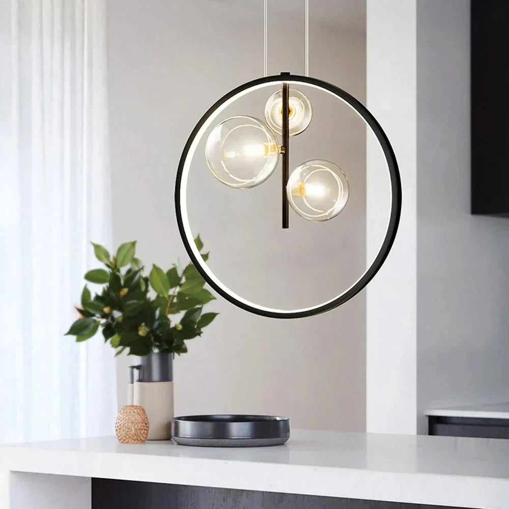 Nordic Bubble Glass Pendant Lamp with Ring Modern Hanging Light | Metal Acrylic Design | G9 LED Strip Compatible | Warm White Indoor Lighting