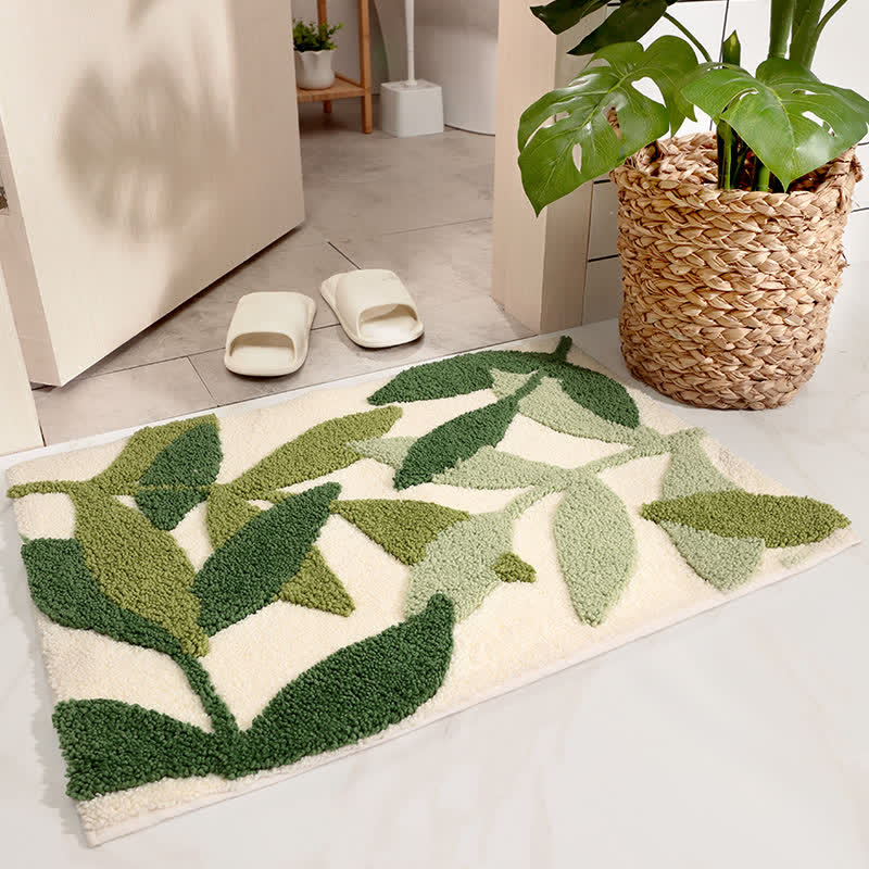 Green Leaf Print Non-Slip Bath Rug for Bathroom & Entryway | Soft Absorbent Floor Mat | Polyester Home Rug