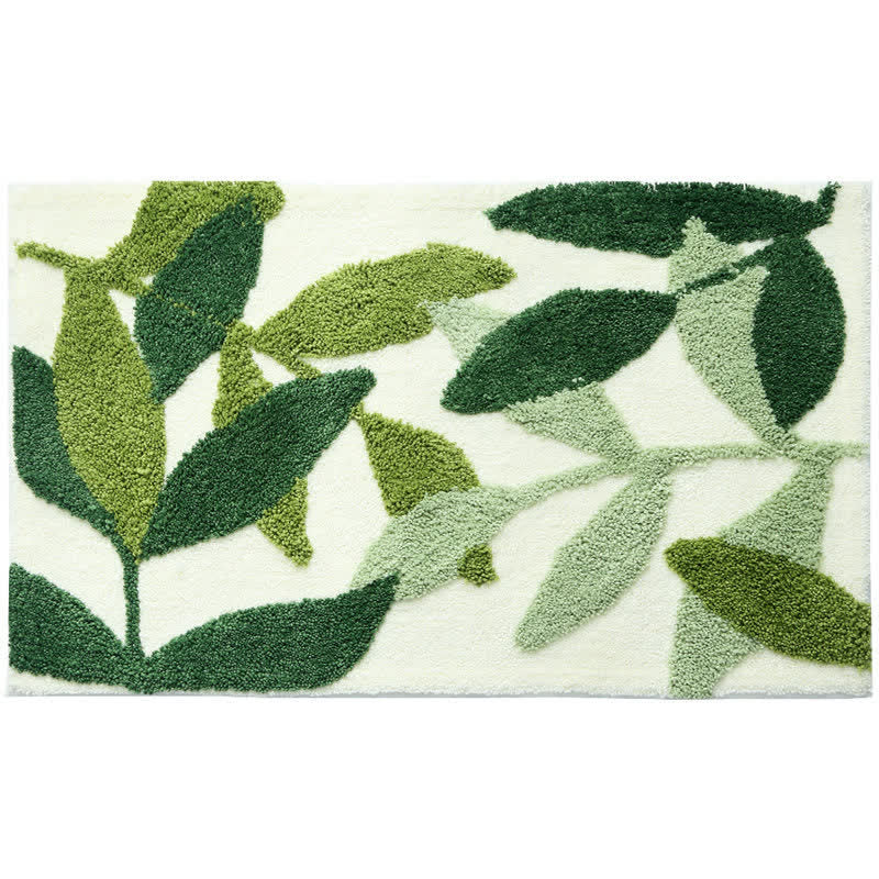 Green Leaf Print Non-Slip Bath Rug for Bathroom & Entryway | Soft Absorbent Floor Mat | Polyester Home Rug
