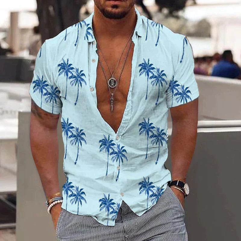 Short-Sleeve Shirt with Palm Pattern and Button Closure for Men | Ideal for Summer
