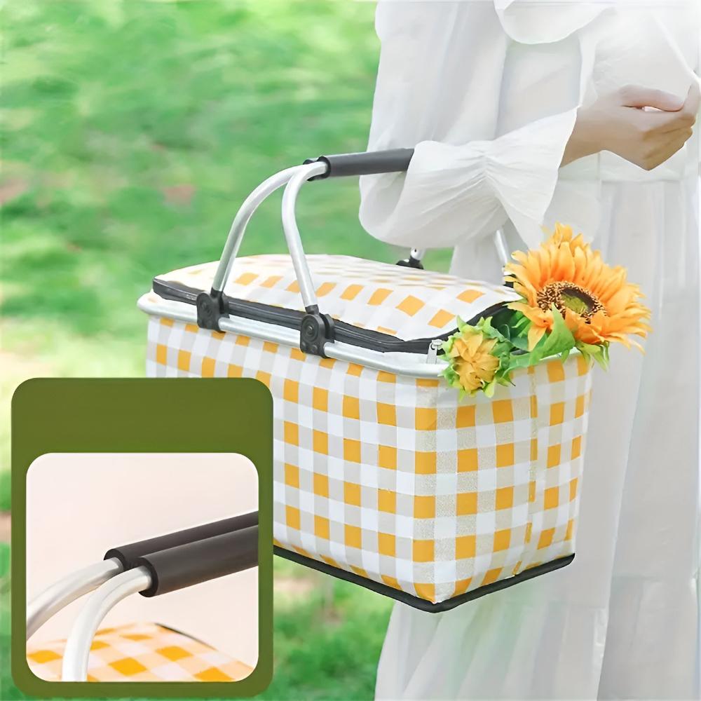 Checked Picnic Basket 22L Insulated | Foldable Oxford Fabric | Aluminum Frame 25kg Load | Zipper Closure for Picnic Beach Camping