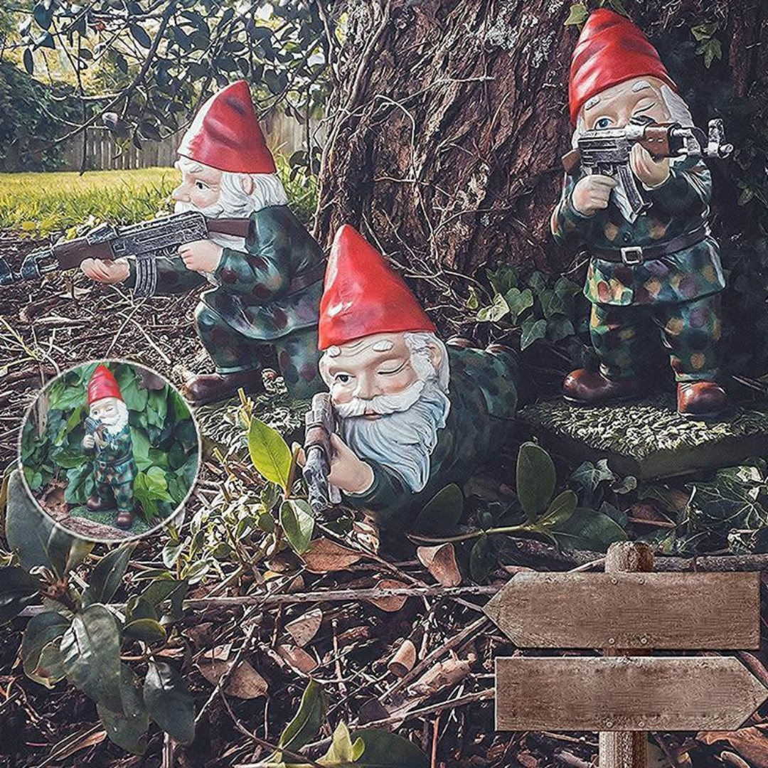 Military Garden Gnome Figurine in Camouflage for Garden & Patio | Weatherproof Resin Garden Decor | Novelty Outdoor Ornament