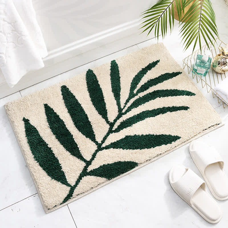Green Leaf Print Non-Slip Bath Rug for Bathroom & Entryway | Soft Absorbent Floor Mat | Polyester Home Rug