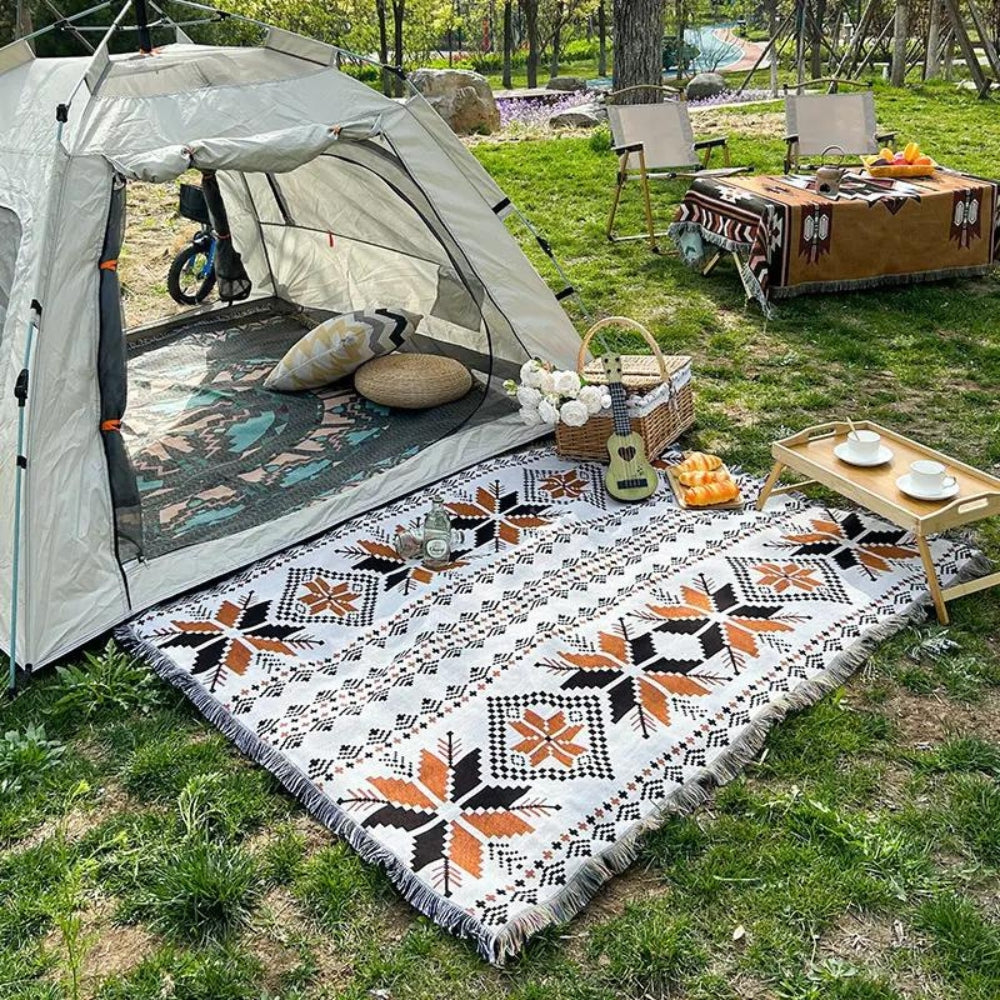 Boho Picnic Blanket Moroccan Pattern | Water-Repellent Microfiber-Cotton Blend | Outdoor Beach Camping Throw | Soft & Durable