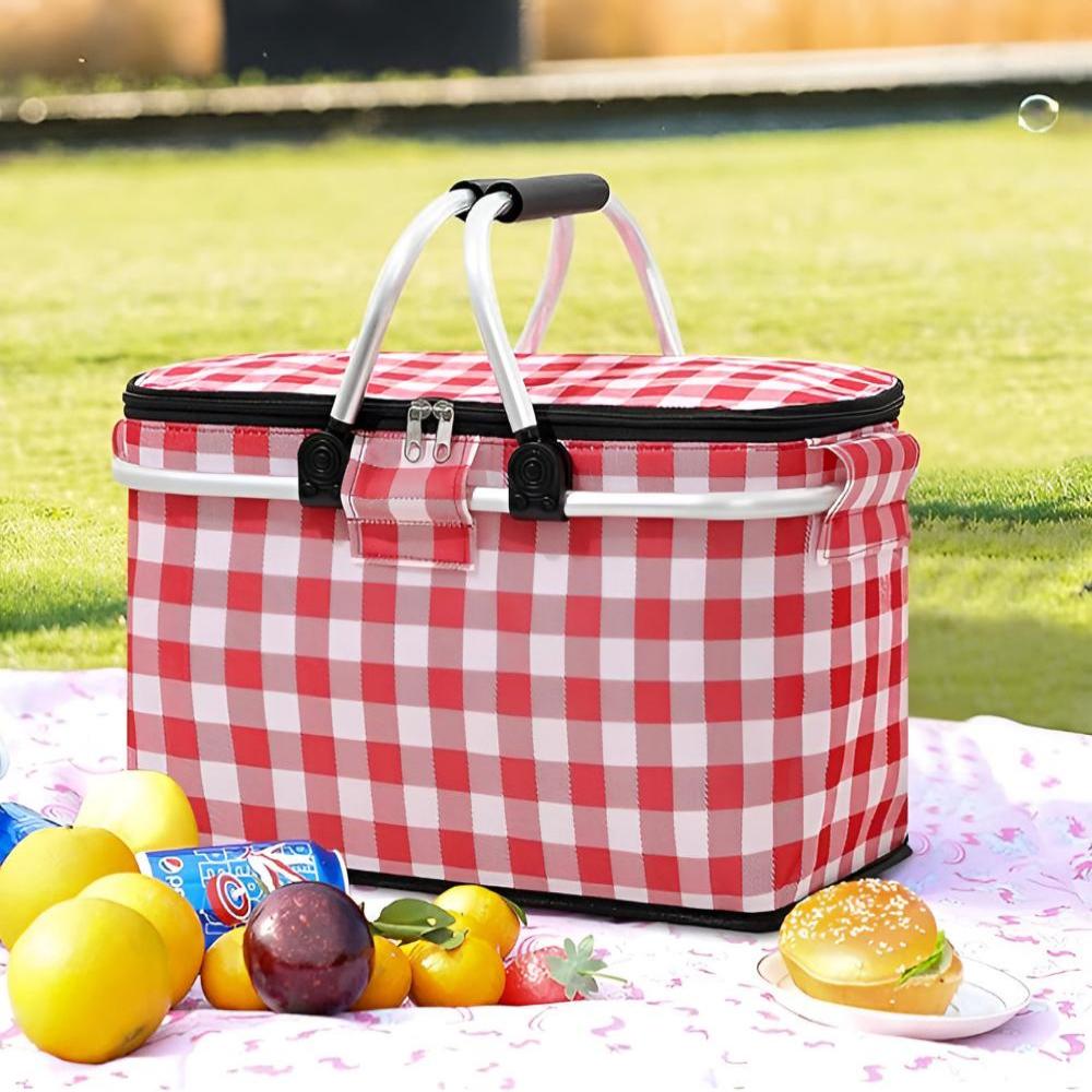Checked Picnic Basket 22L Insulated | Foldable Oxford Fabric | Aluminum Frame 25kg Load | Zipper Closure for Picnic Beach Camping