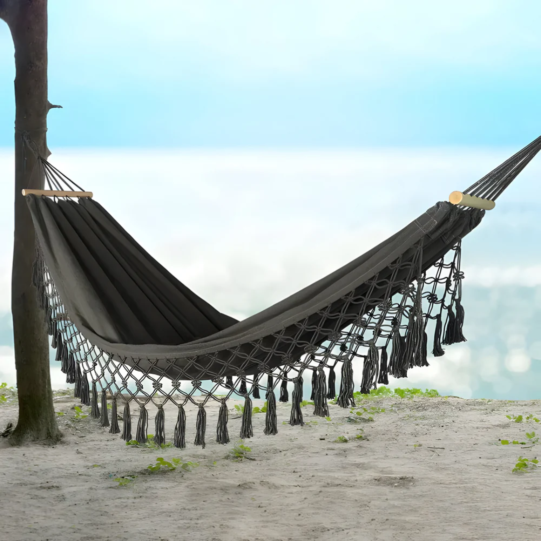 Boho Cotton Hammock with Wooden Spreader Bars for Garden & Balcony | Stable Design | 200 kg Capacity | Indoor Outdoor Relaxation