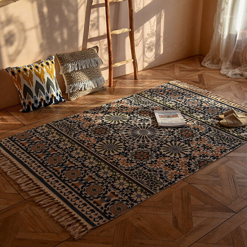 Bohemian Cotton Linen Flower Entryway Tassel Rug | Large Decorative Area Rug 120x170cm | Absorbent Non-Slip Style Floor Carpet for Home