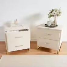 Rosahome Velvet Nightstand Set of 2 with Drawer and Metal Handle | Luxury Beige Bedside Tables | Modern Side Tables