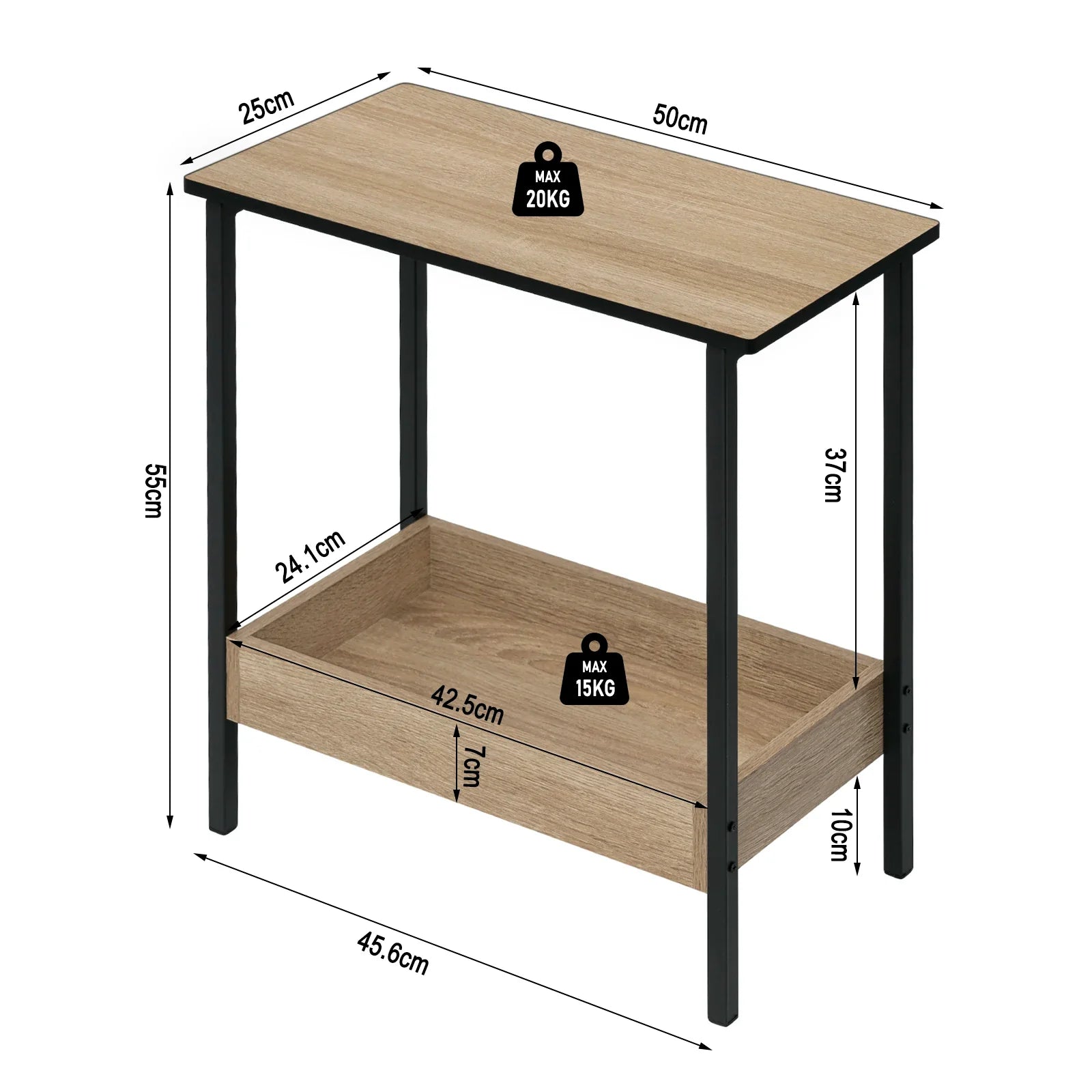 Velistra 2-Shelf Side Table | Wooden & Metal Coffee Table with Storage | Compact Modern Nightstand & Sofa Table | Space-Saving Design | 50 × 55 × 25 cm
