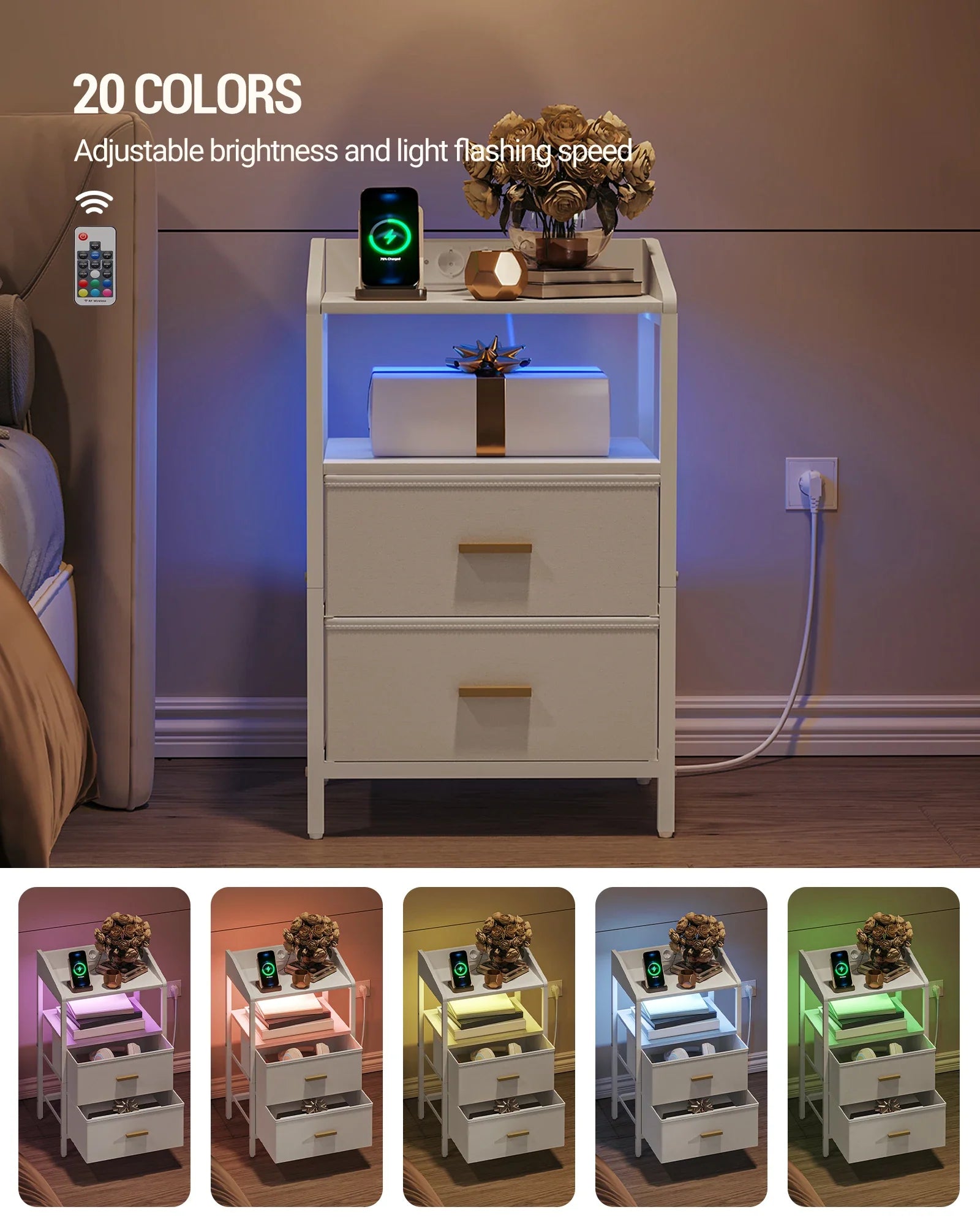 Lunova Nightstand Set of 2 with LED Lighting & Charging Station | Modern Bedside Tables with USB & Power Outlet | White/Black Storage Cabinets