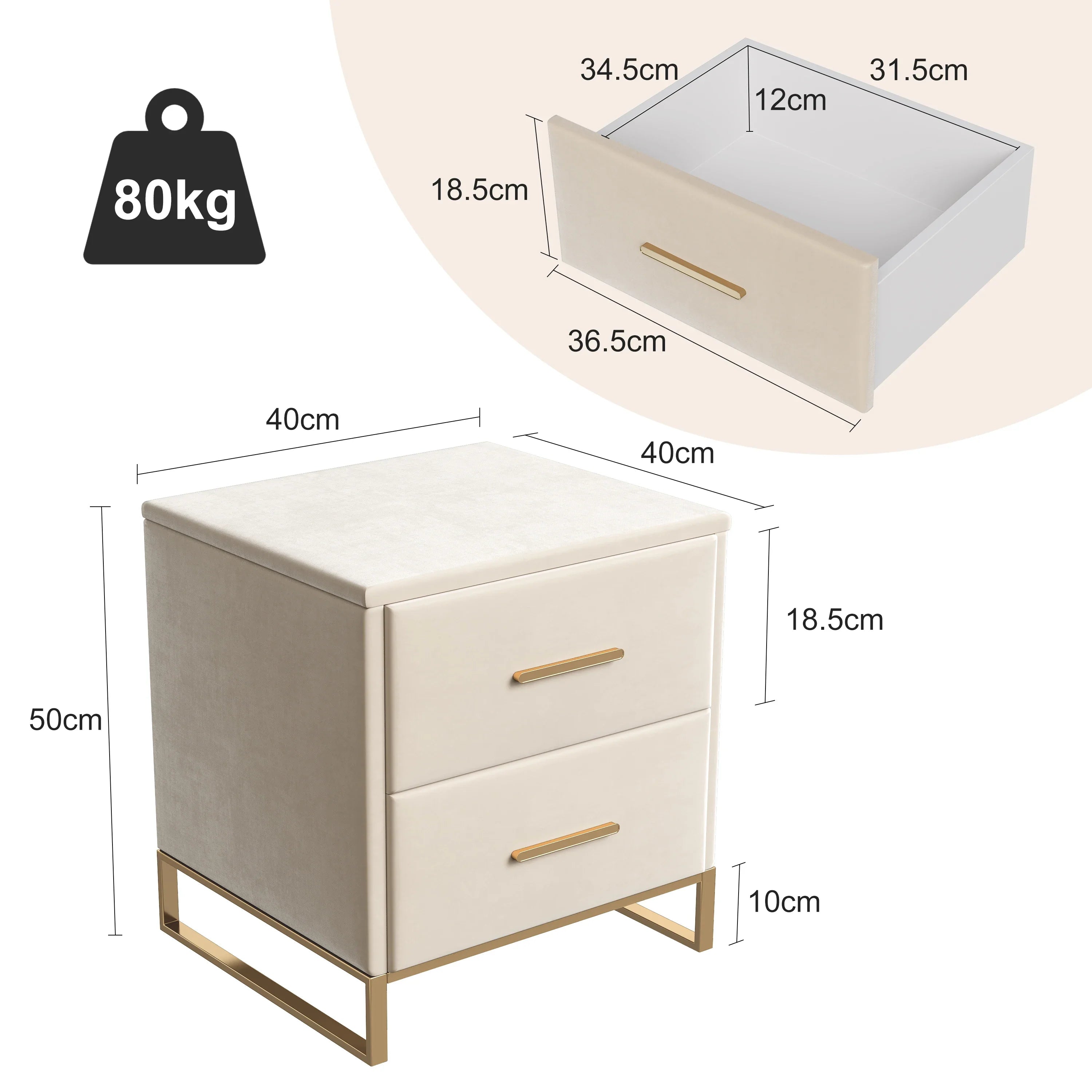 Rosahome Velvet Nightstand Set of 2 with Drawer and Metal Handle | Luxury Beige Bedside Tables | Modern Side Tables