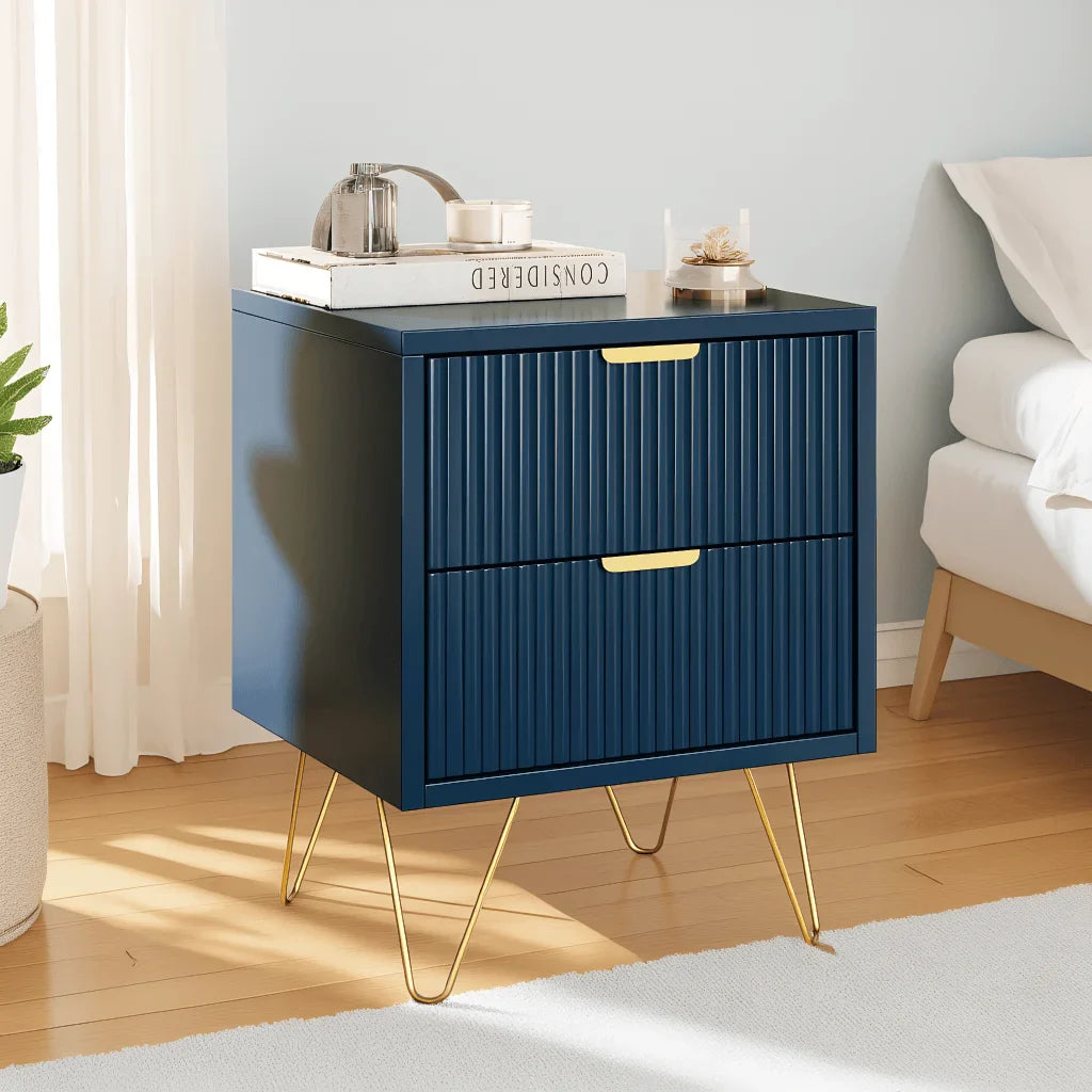 Malvera Nightstand with 2 Drawers | Navy Blue Bedside Table with Gold Legs | Modern Luxury Side Table | Elegant Storage Cabinet
