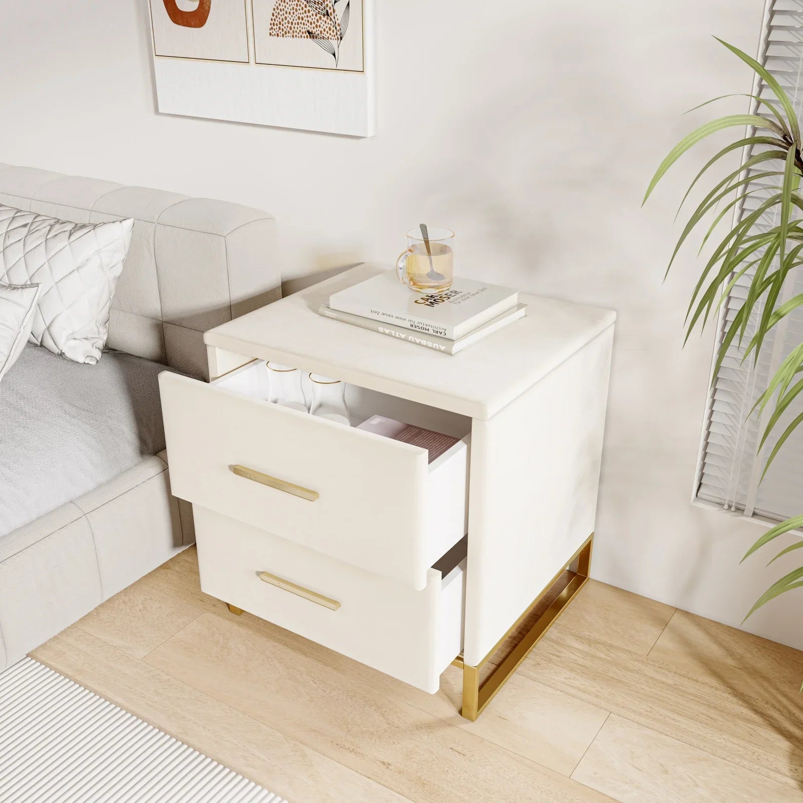 Rosahome Velvet Nightstand Set of 2 with Drawer and Metal Handle | Luxury Beige Bedside Tables | Modern Side Tables