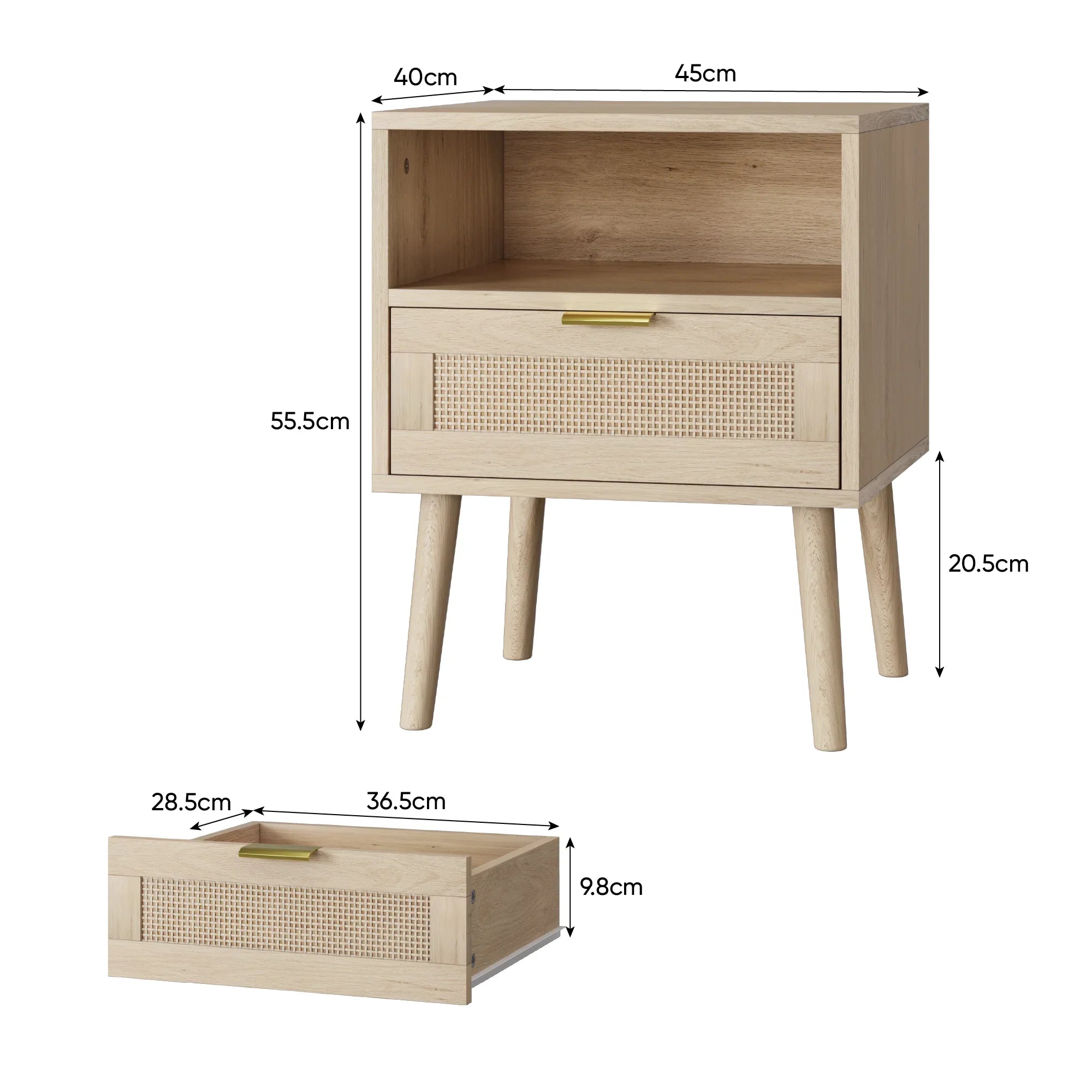 Isavie Bohemian Nightstand with Drawer | Rattan Bedside Table with Open Storage | Mid-Century Modern Side Table | Gold Handle Accent