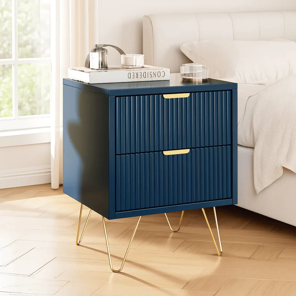 Malvera Nightstand with 2 Drawers | Navy Blue Bedside Table with Gold Legs | Modern Luxury Side Table | Elegant Storage Cabinet