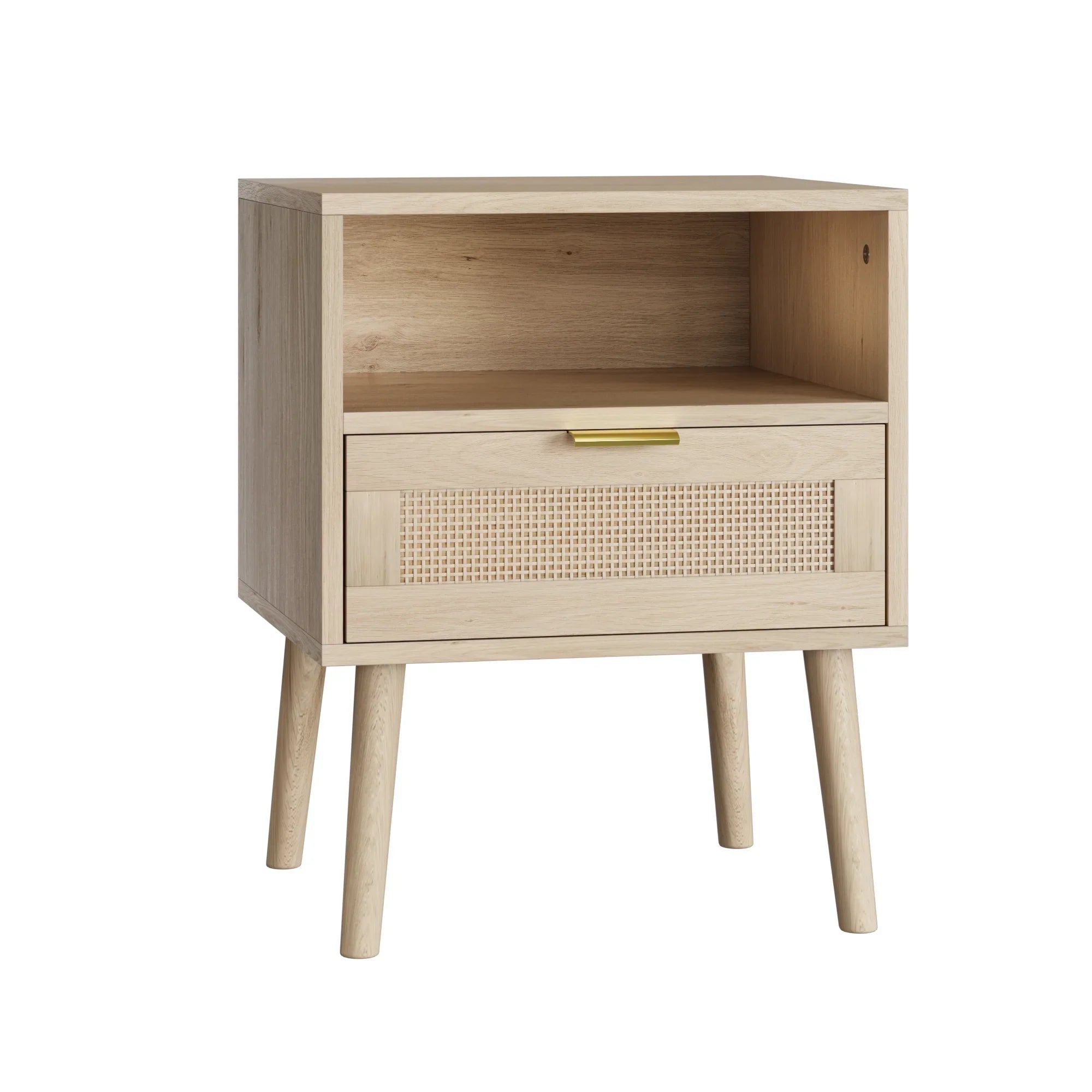 Isavie Bohemian Nightstand with Drawer | Rattan Bedside Table with Open Storage | Mid-Century Modern Side Table | Gold Handle Accent