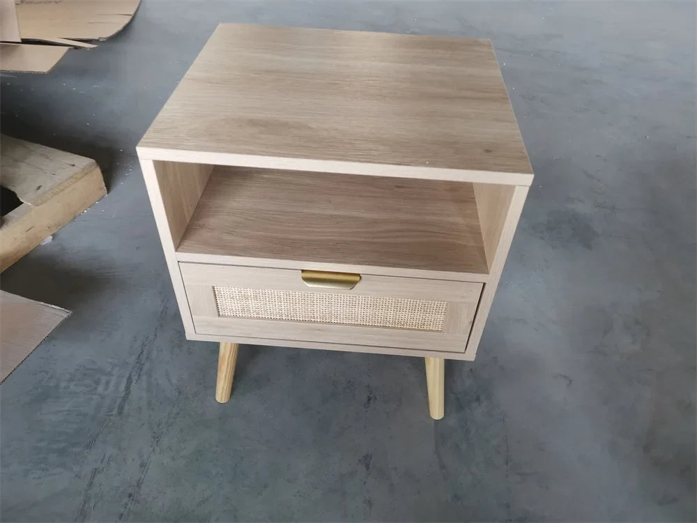 Isavie Bohemian Nightstand with Drawer | Rattan Bedside Table with Open Storage | Mid-Century Modern Side Table | Gold Handle Accent