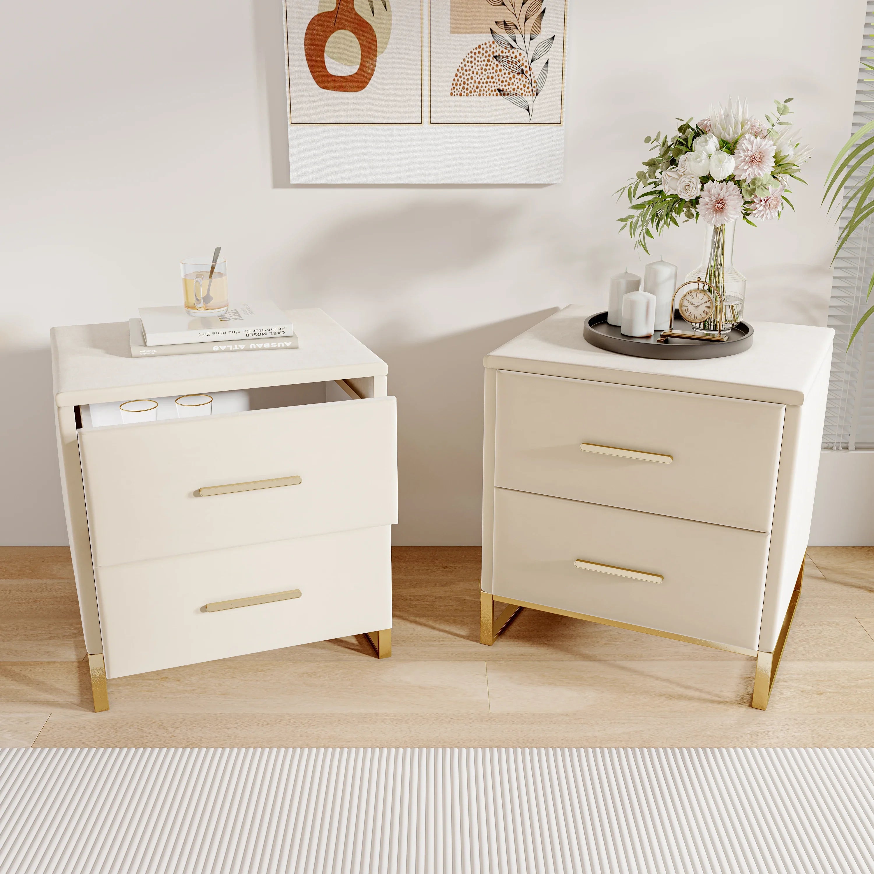 Rosahome Velvet Nightstand Set of 2 with Drawer and Metal Handle | Luxury Beige Bedside Tables | Modern Side Tables