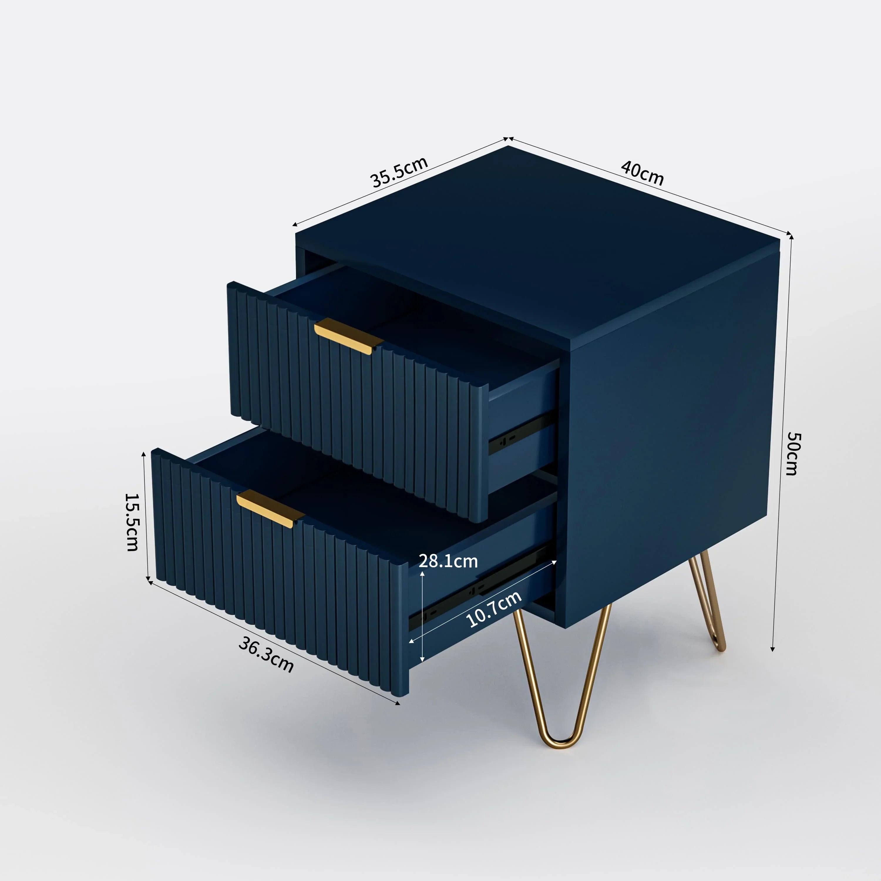 Malvera Nightstand with 2 Drawers | Navy Blue Bedside Table with Gold Legs | Modern Luxury Side Table | Elegant Storage Cabinet