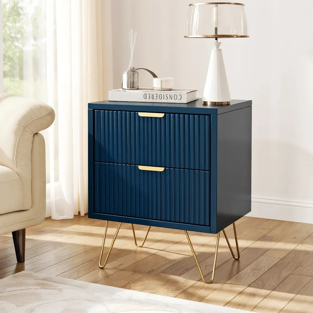 Malvera Nightstand with 2 Drawers | Navy Blue Bedside Table with Gold Legs | Modern Luxury Side Table | Elegant Storage Cabinet