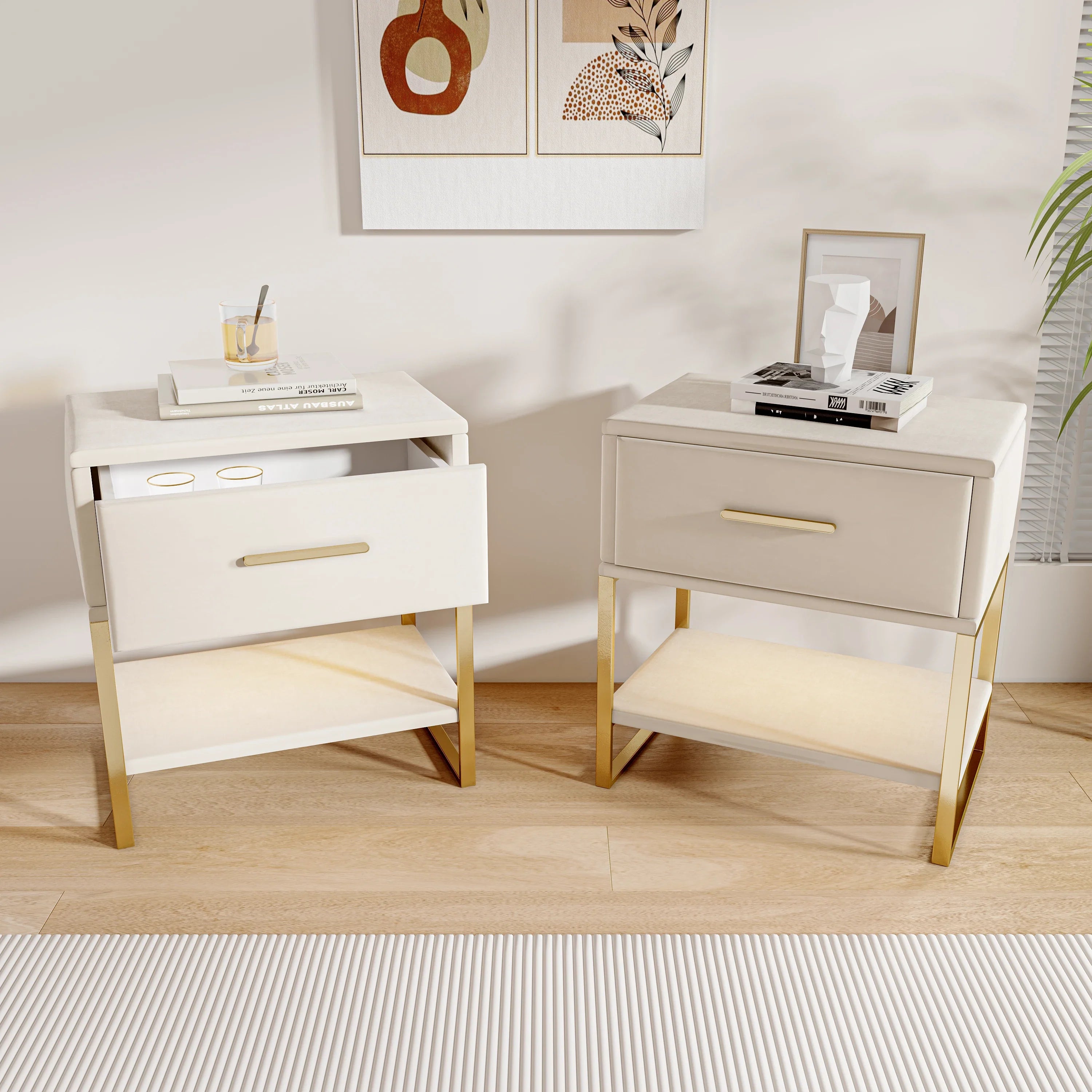 Rosahome Velvet Nightstand Set of 2 with Drawer and Metal Handle | Luxury Beige Bedside Tables | Modern Side Tables