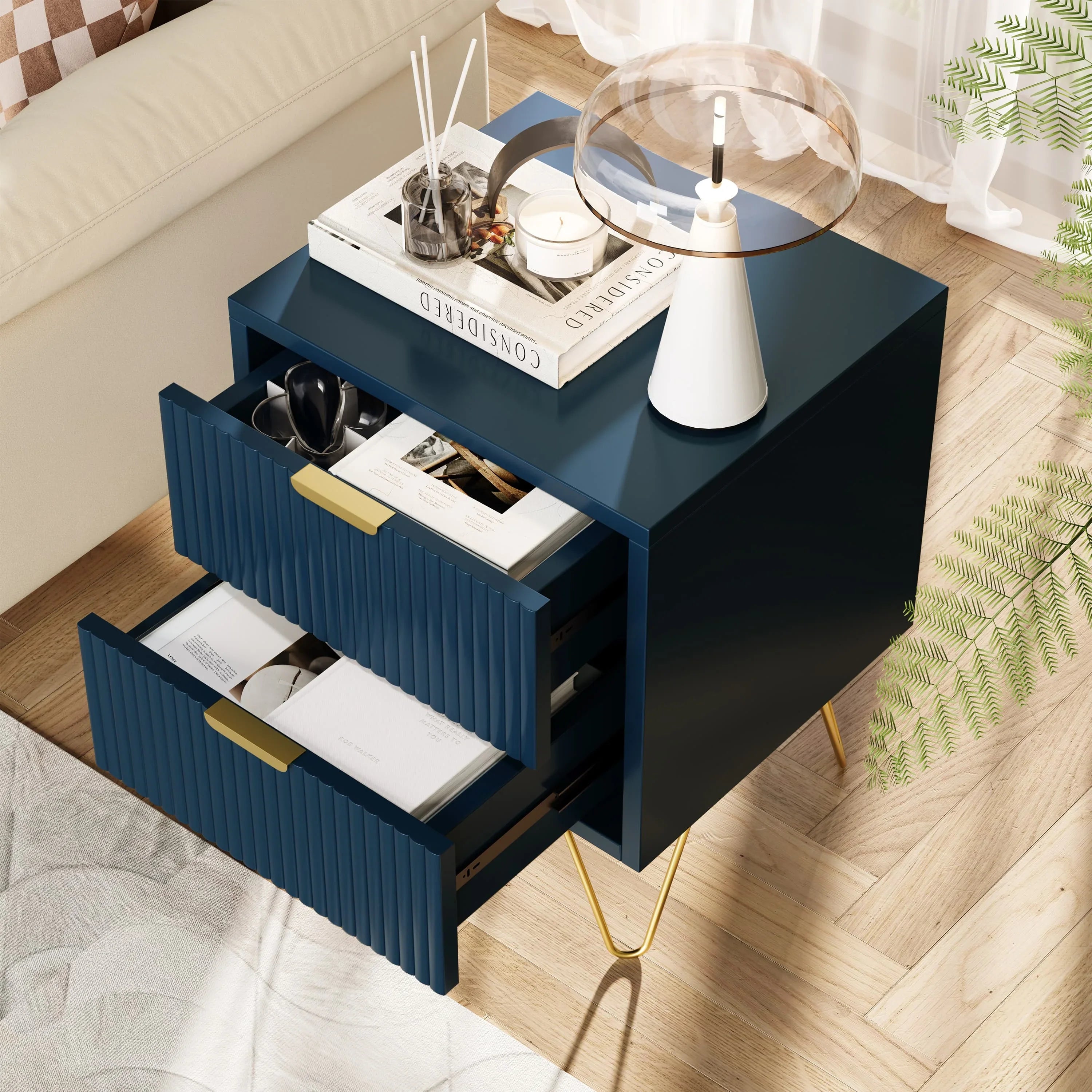 Malvera Nightstand with 2 Drawers | Navy Blue Bedside Table with Gold Legs | Modern Luxury Side Table | Elegant Storage Cabinet