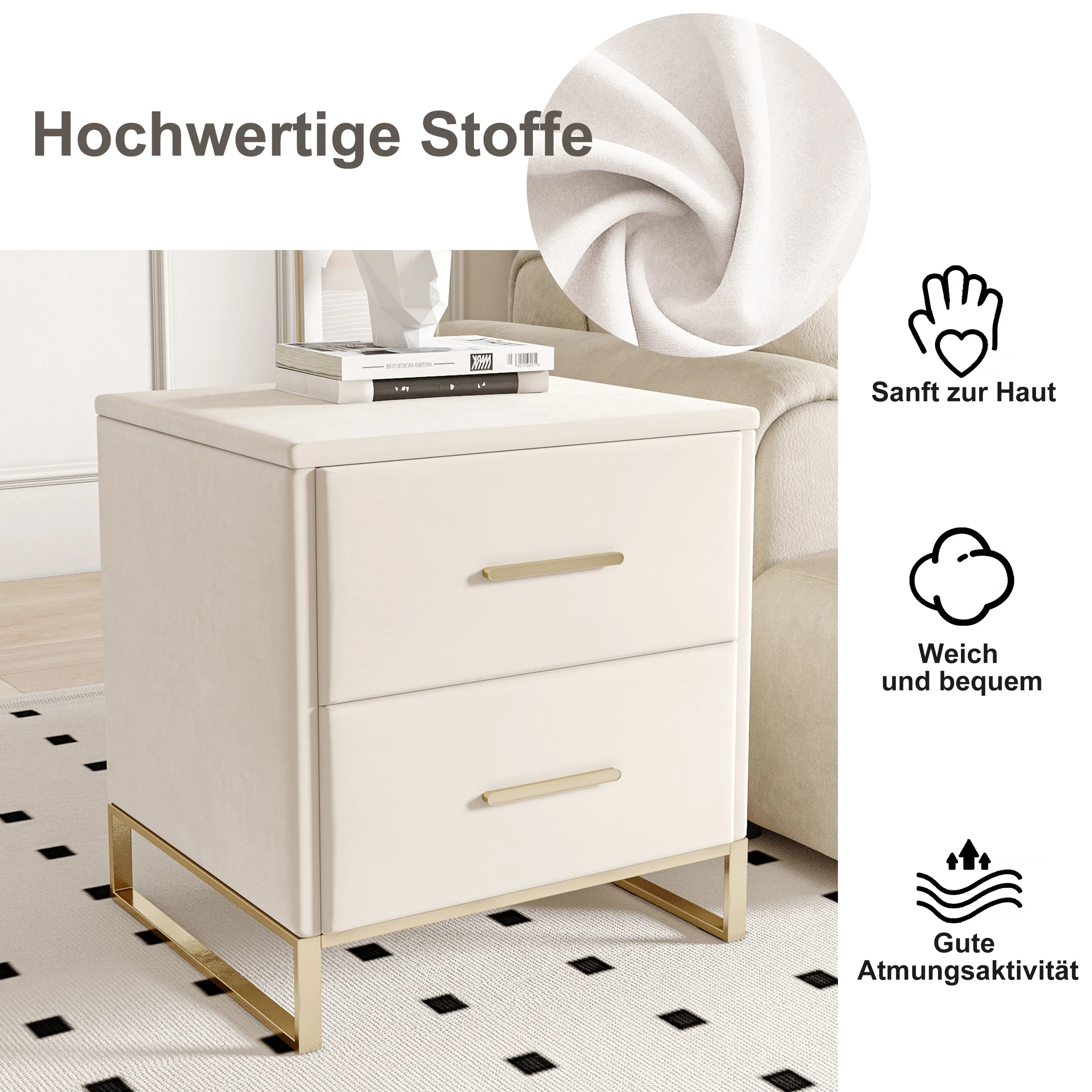 Rosahome Velvet Nightstand Set of 2 with Drawer and Metal Handle | Luxury Beige Bedside Tables | Modern Side Tables